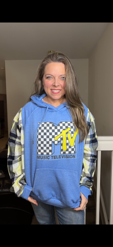 Upcycled MTV - women's 2X midweight sweatshirt with flannel sleeves