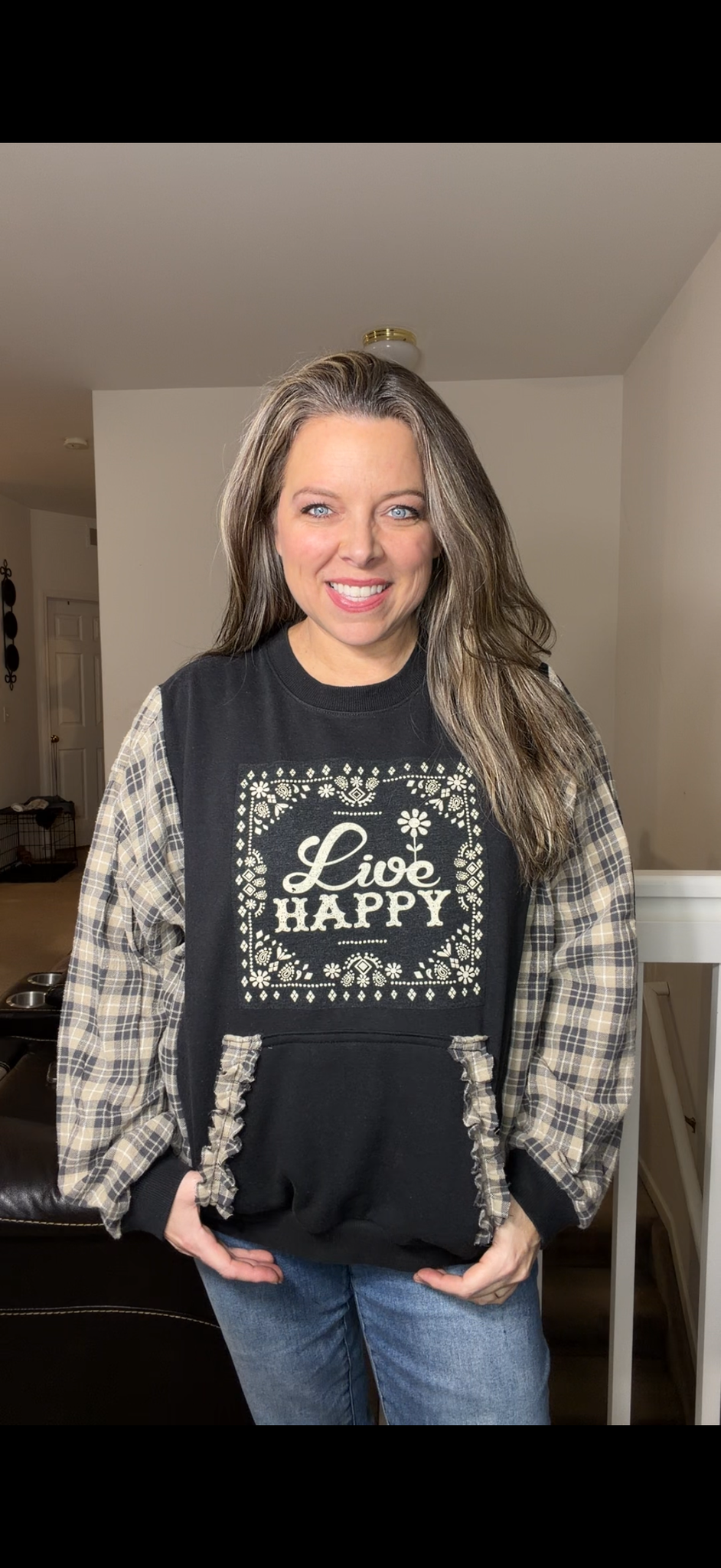 Upcycled Live Happy - women's large- midweight sweatshirt with flannel sleeves ￼