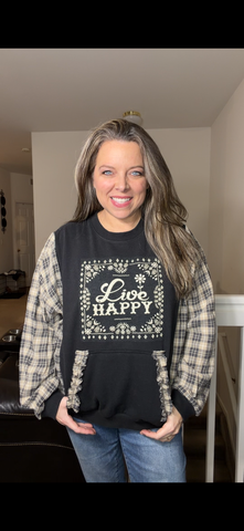 Upcycled Live Happy - women's large- midweight sweatshirt with flannel sleeves ￼