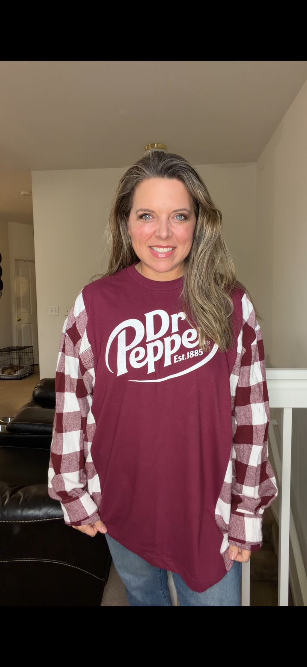 Upcycled Dr. Pepper - women's 2X T-shirt with flannel sleeves