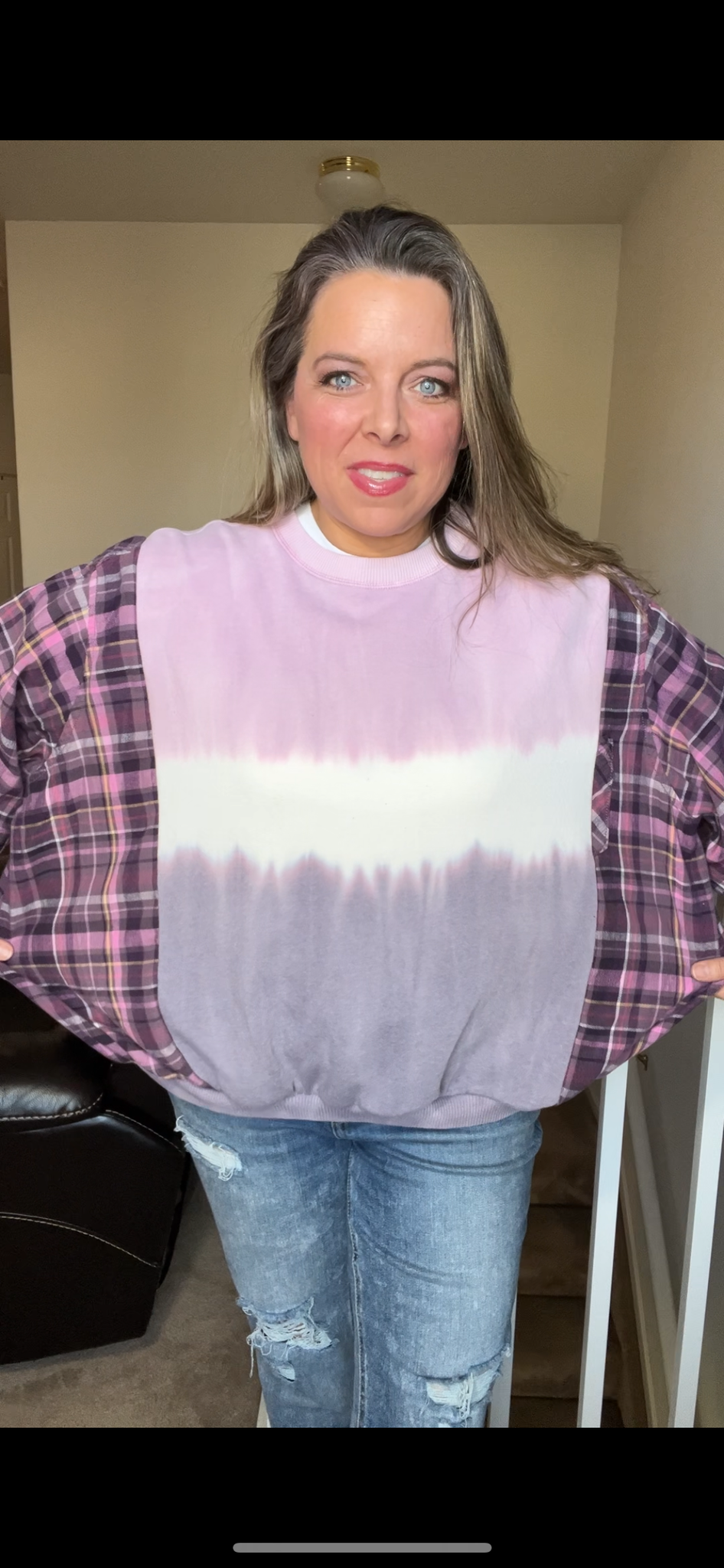 Upcycled Ombré - Women’s medium - midweight sweatshirt with flannel sleeves￼