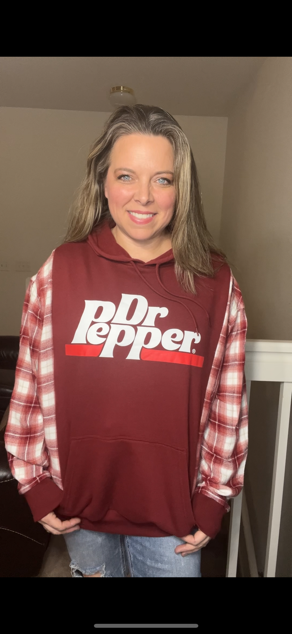 Upcycled Dr. Pepper – women’s 1X – midweight sweatshirt with flannel sleeves – sleeves slightly more fitted