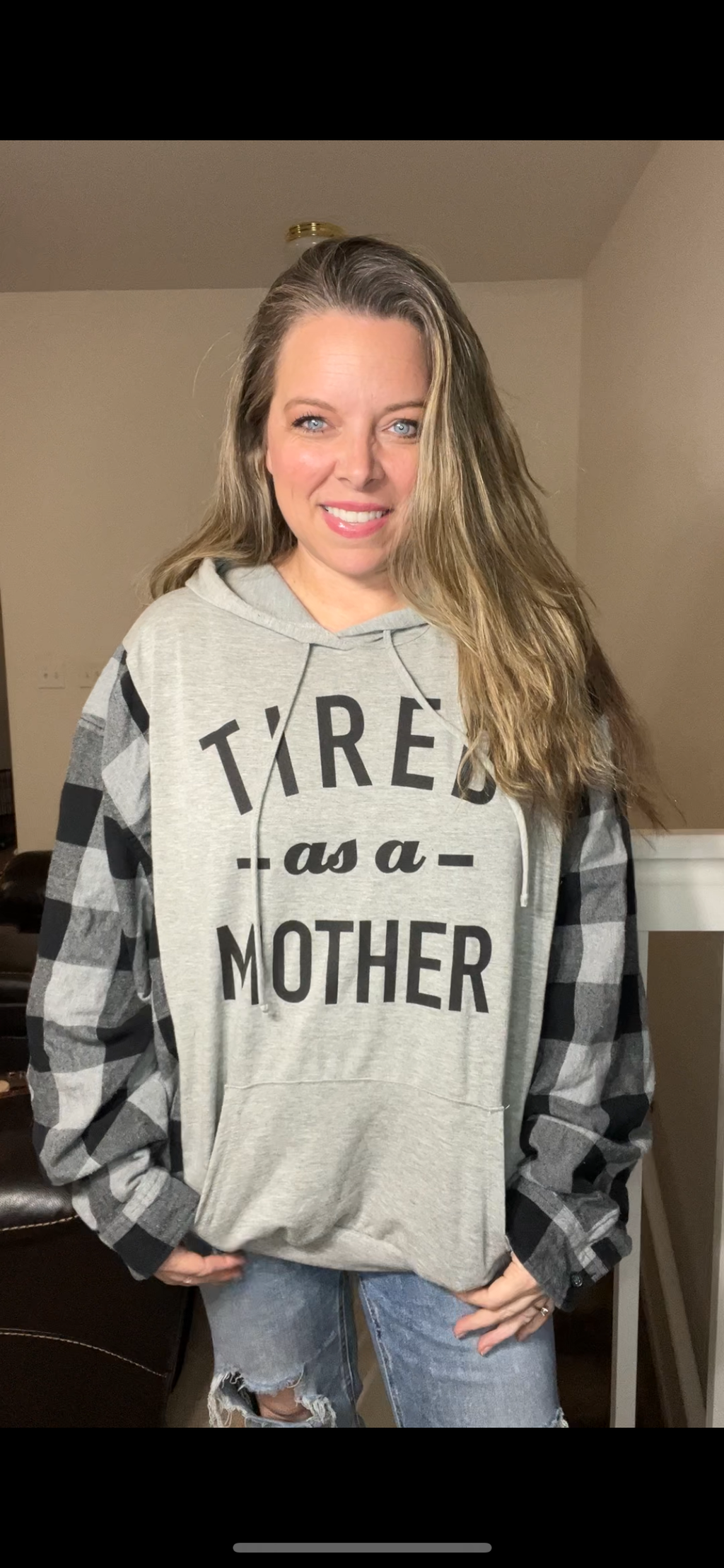 Upcycled Tired – women’s 2X French terry shirt with flannel sleeves