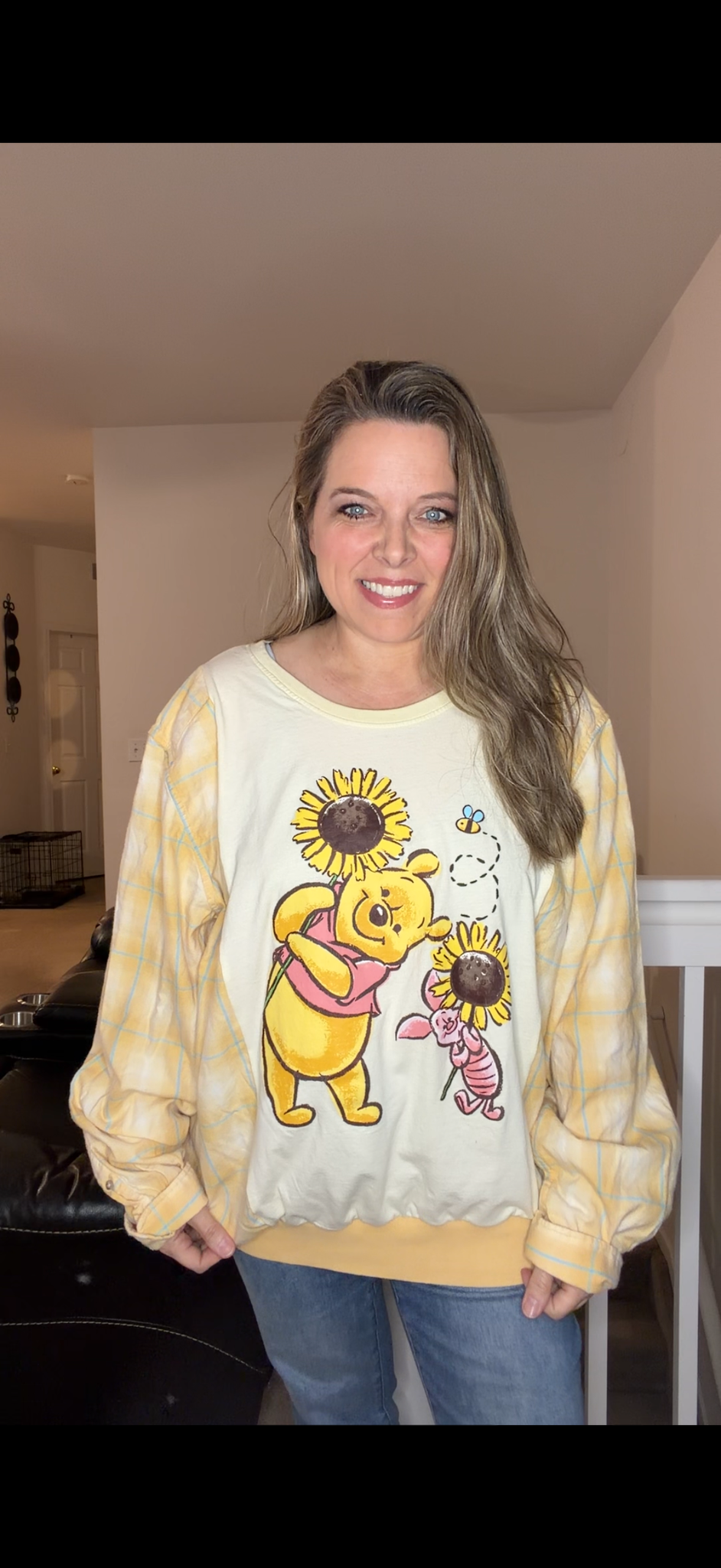 Upcycled Pooh - women's XL/1X T-shirt with flannel sleeves