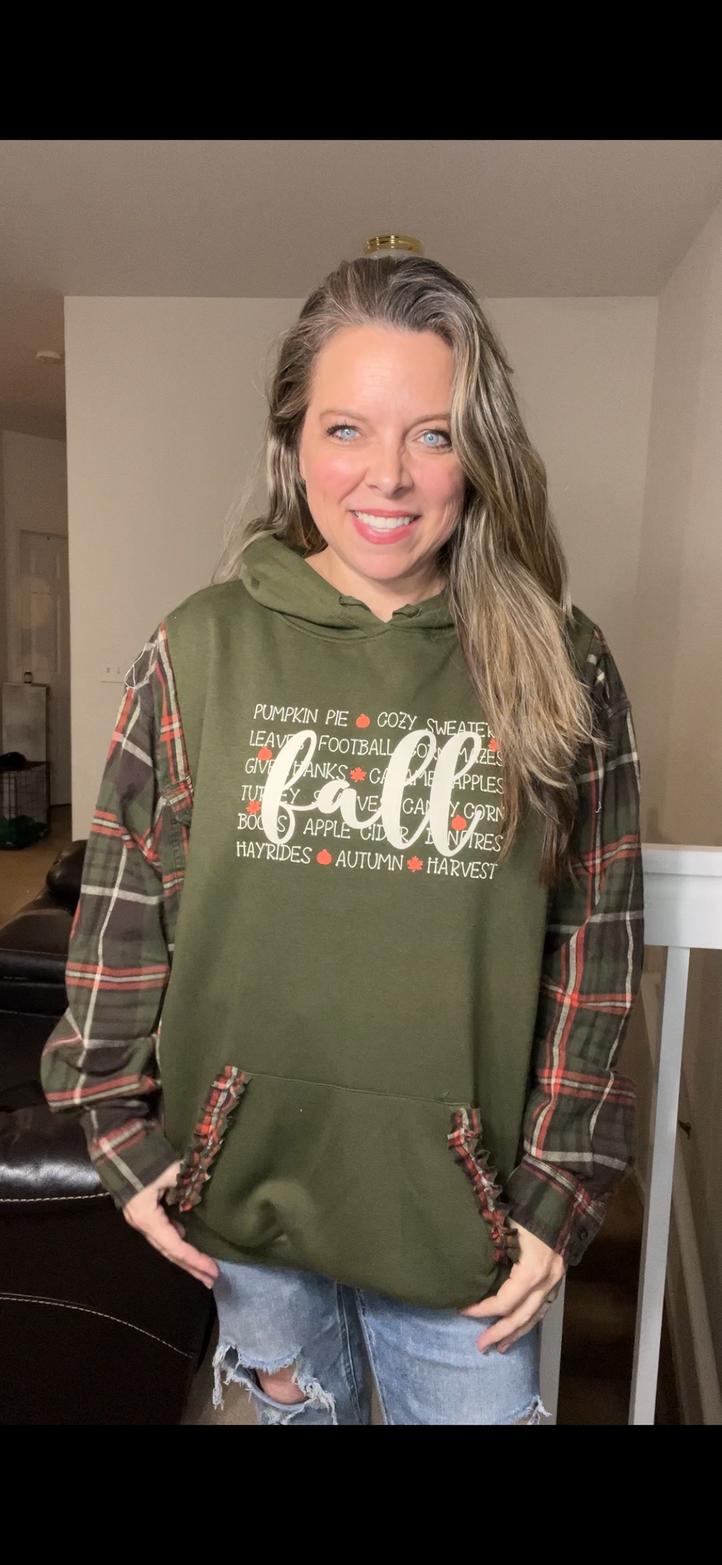 Upcycled Fall – women’s 3X midweight sweatshirt with flannel sleeves