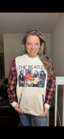 Upcycled Beatles - women's 2X midweight sweatshirt with flannel sleeves