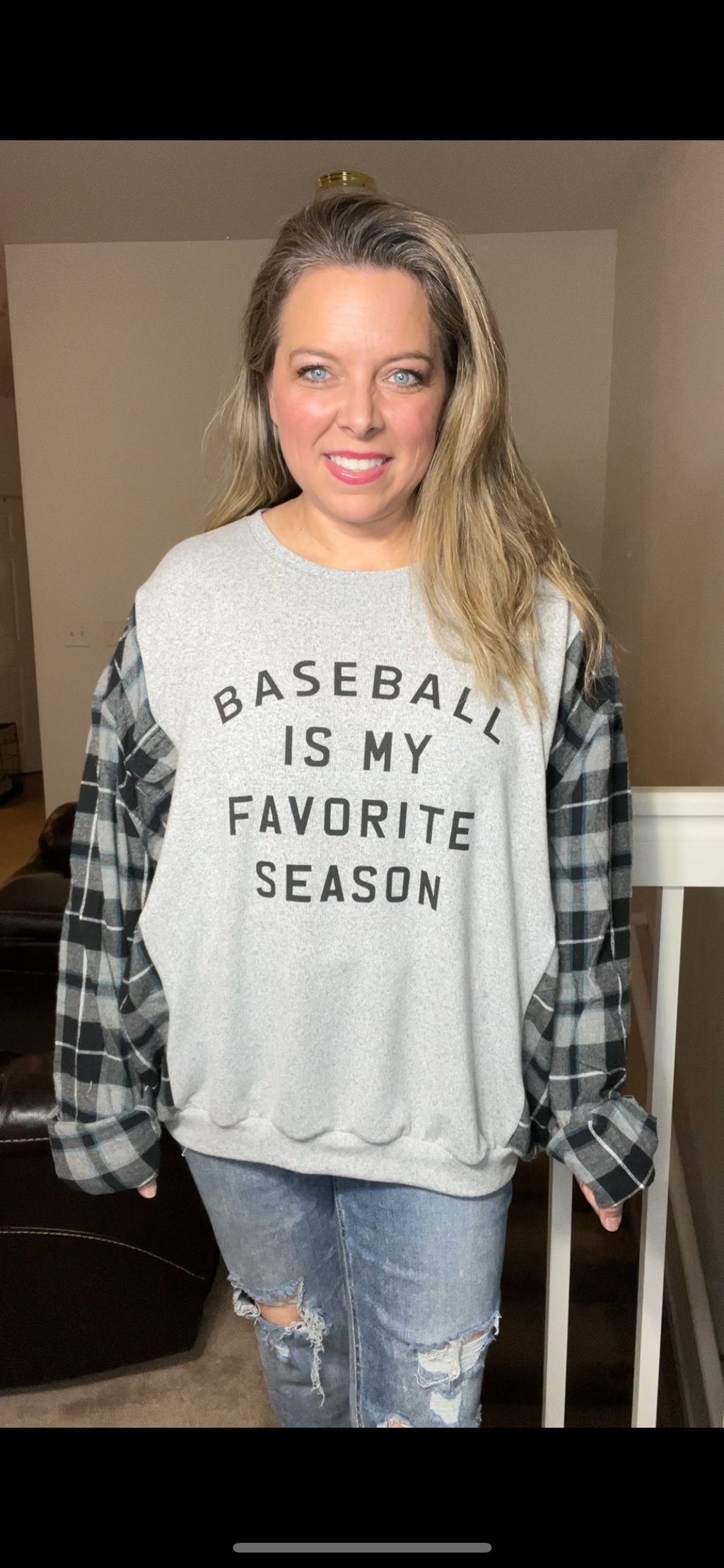 Upcycled Baseball – women’s XL/1X – knit shirt with flannel sleeves￼