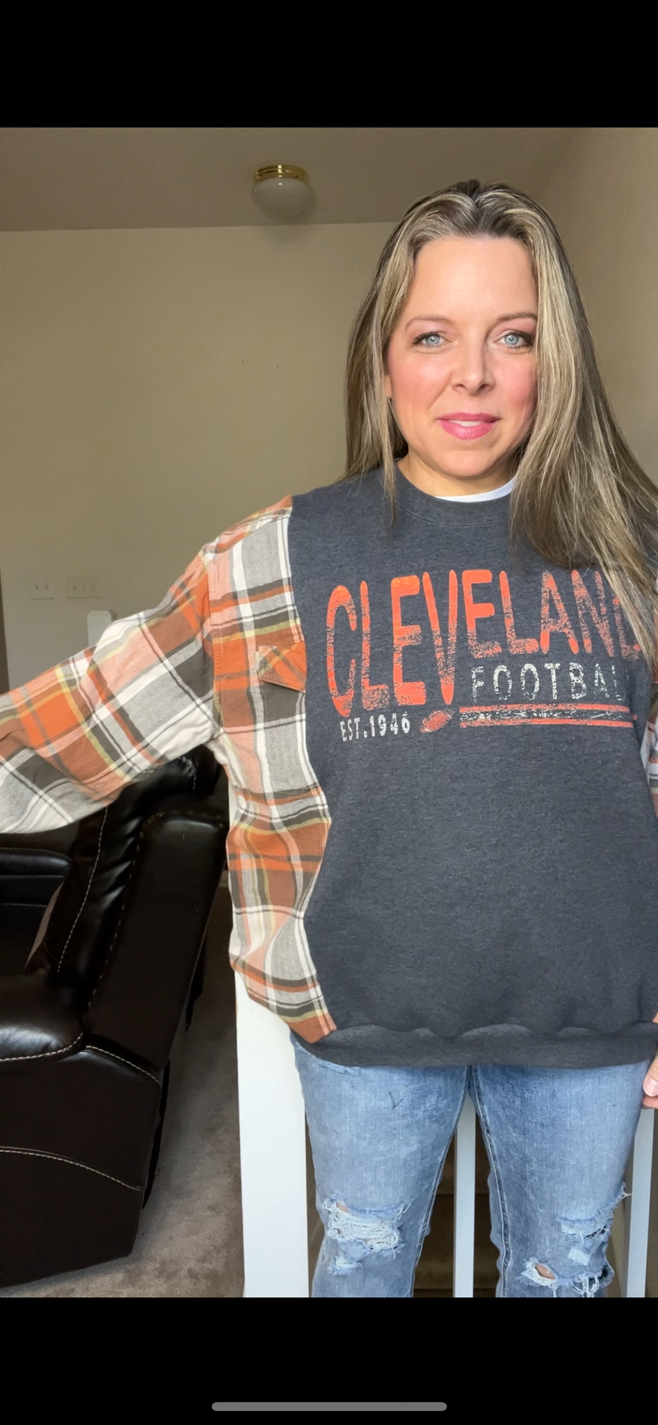 Upcycled Cleveland Football – women’s L/XL midweight sweatshirt with flannel sleeves￼