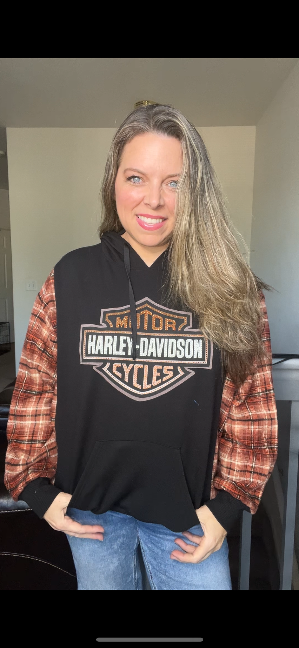 Upcycled Harley - Women’s medium/large midweight sweatshirt with flannel sleeves