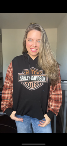Upcycled Harley - Women’s medium/large midweight sweatshirt with flannel sleeves