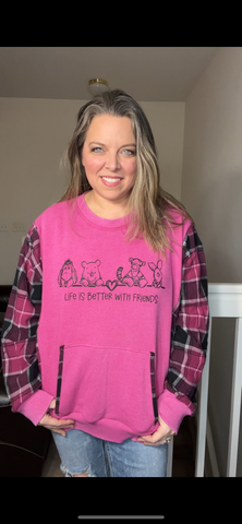 Upcycled Pooh and friends – women’s 2X/3X – thin French terry sweatshirt with flannel sleeves