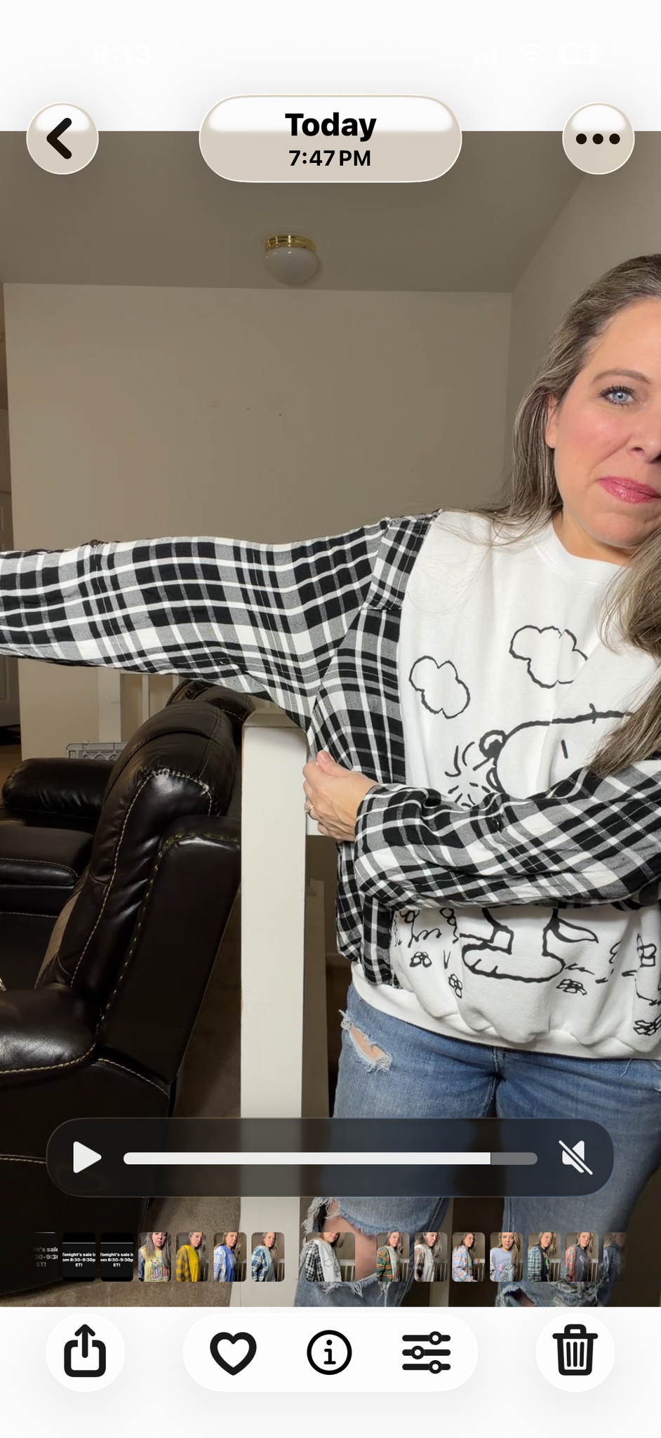 Upcycled Snoopy B&W - women's large midweight sweatshirt with thin flannel sleeves