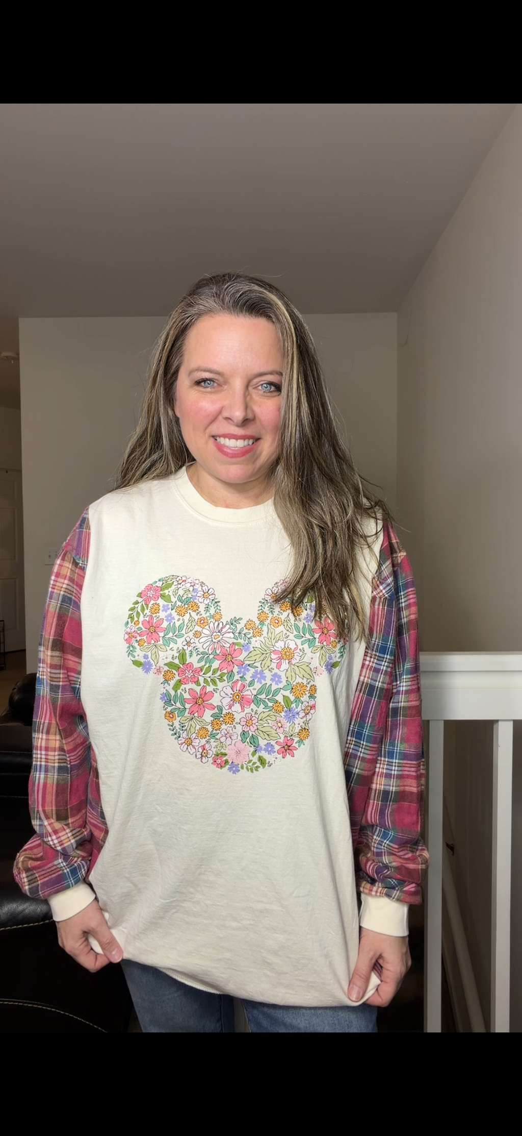 Upcycled Mickey Flowers - women's 1X long T-shirt with thin flannel sleeves – sleeves more fitted