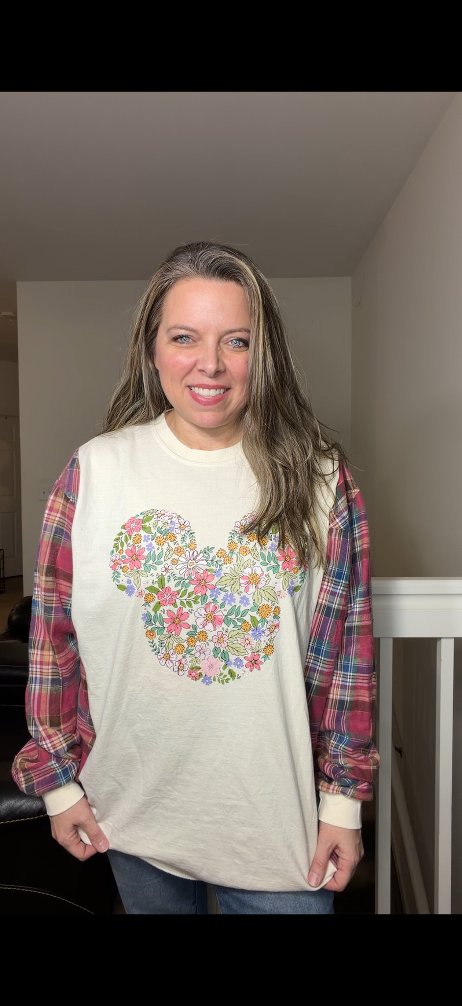 Upcycled Mickey Flowers - women's 1X long T-shirt with thin flannel sleeves – sleeves more fitted