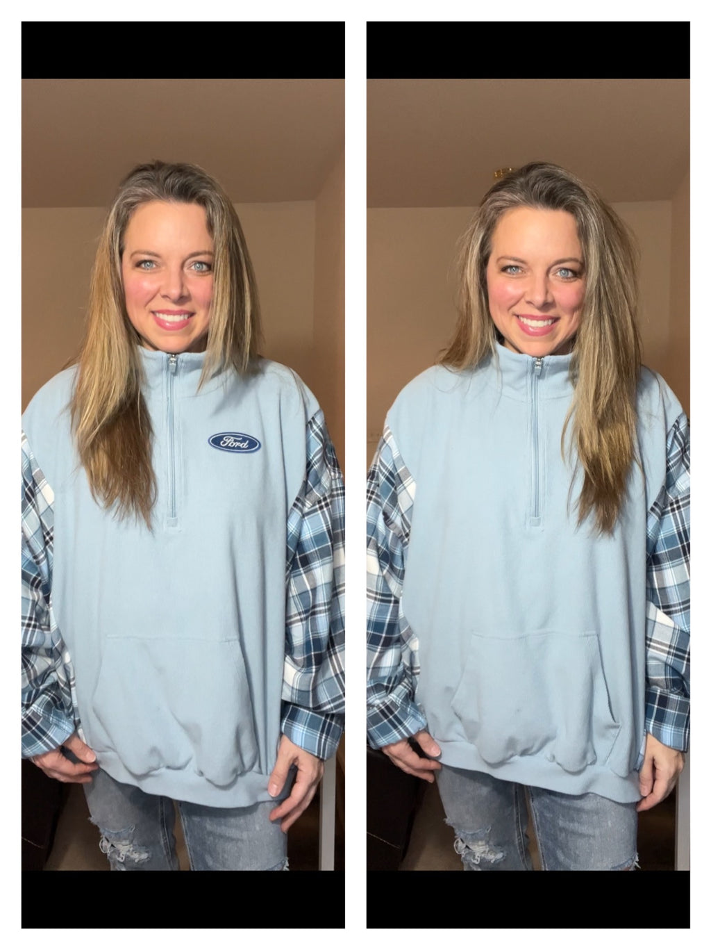 Upcycled Plain Blue or Ford – women’s 3X – midweight sweatshirt with flannel sleeves￼