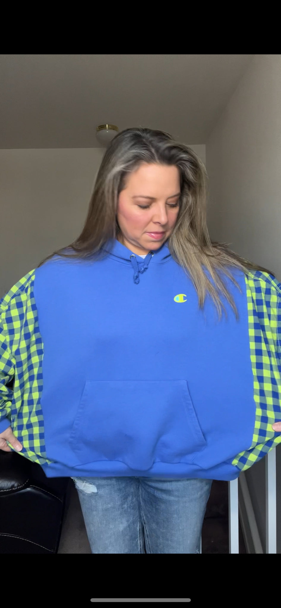 Upcycled Blue Champion – women’s XL – soft thick sweatshirt with thin cotton sleeves ￼