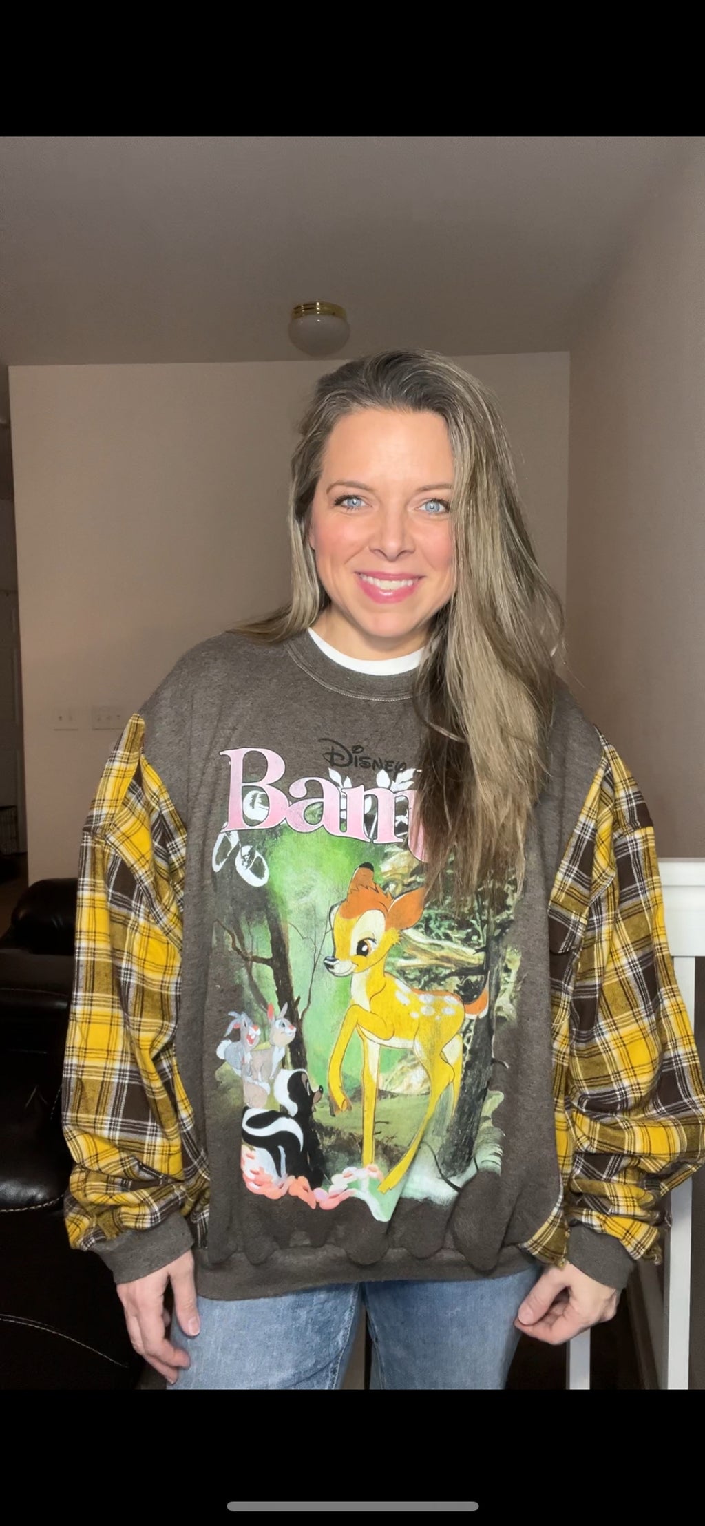 Upcycled Bambi – women’s XL – midweight sweatshirt with flannel sleeves ￼