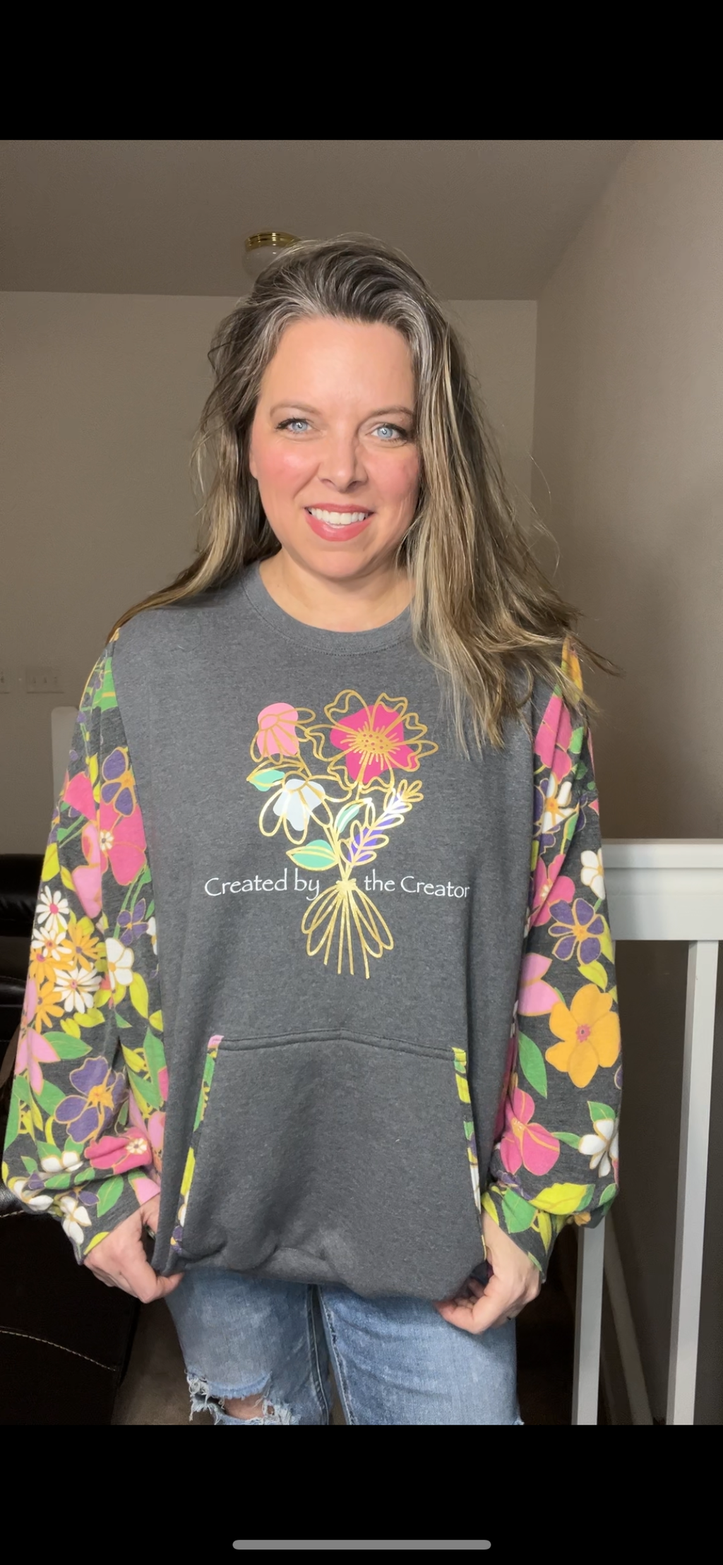 Upcycled Flowers – women’s 2X midweight sweatshirt with stretchy sleeves