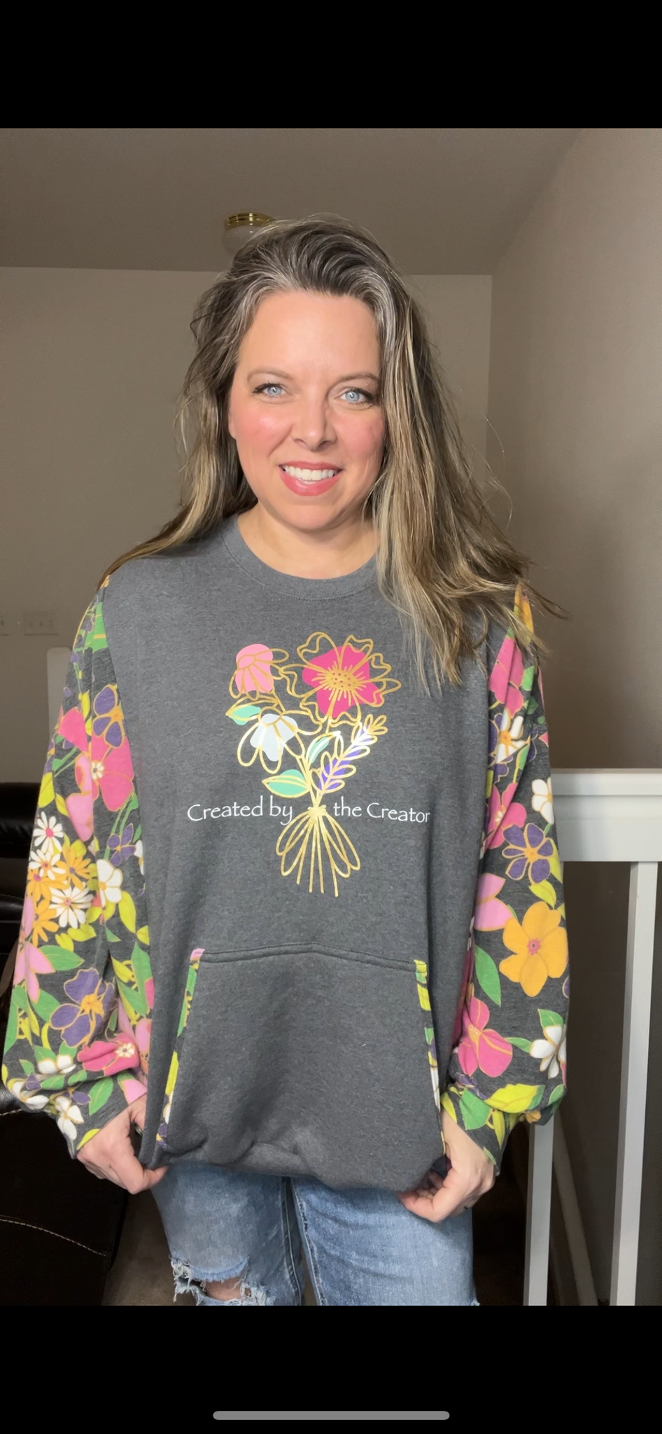 Upcycled Flowers – women’s 2X midweight sweatshirt with stretchy sleeves