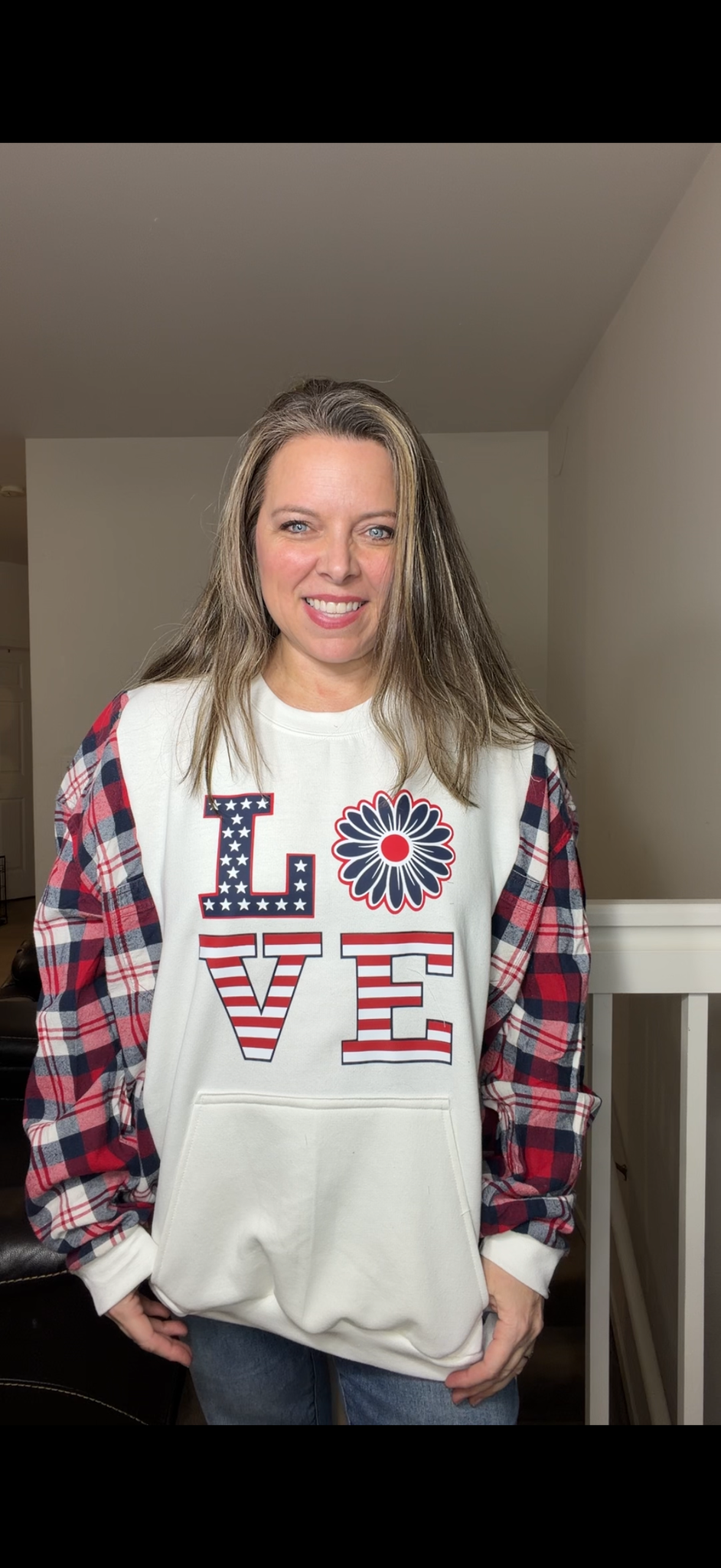 Upcycled Love Flag - women's 2X midweight sweatshirt with flannel sleeves
