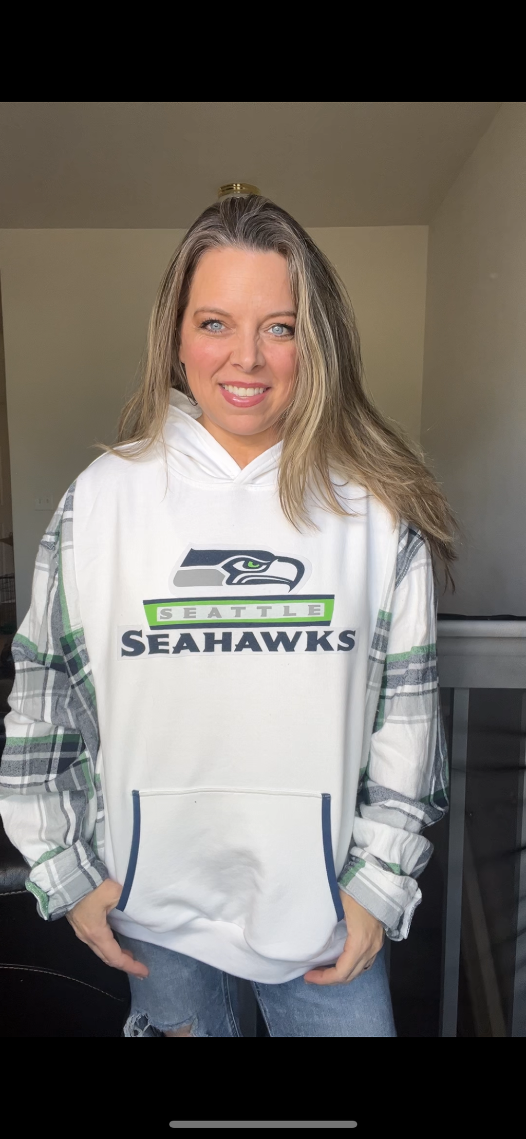 Upcycled Seahawks – women’s 2X/3X French terry sweatshirt with flannel sleeves