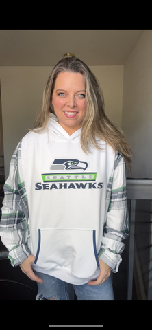 Upcycled Seahawks – women’s 2X/3X French terry sweatshirt with flannel sleeves