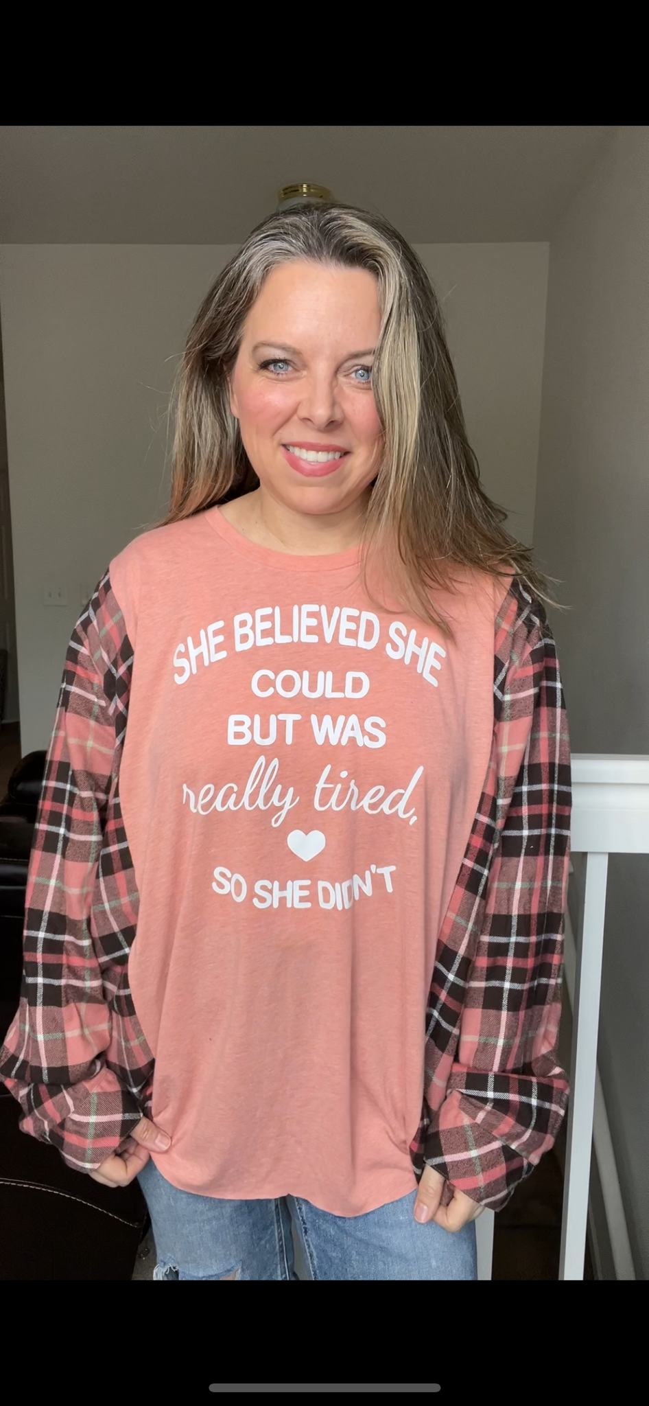 Upcycled Tired – women’s 3X thin T-shirt with flannel sleeves