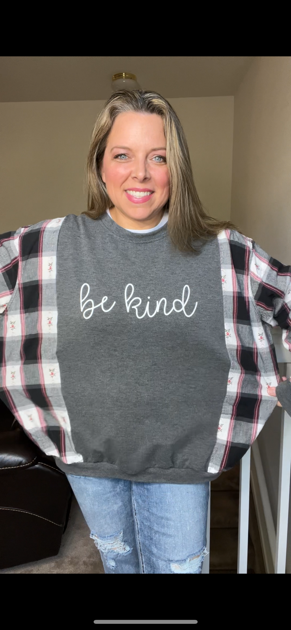 Upcycled Be Kind - women’s L/XL thin sweatshirt with flannel sleeves￼