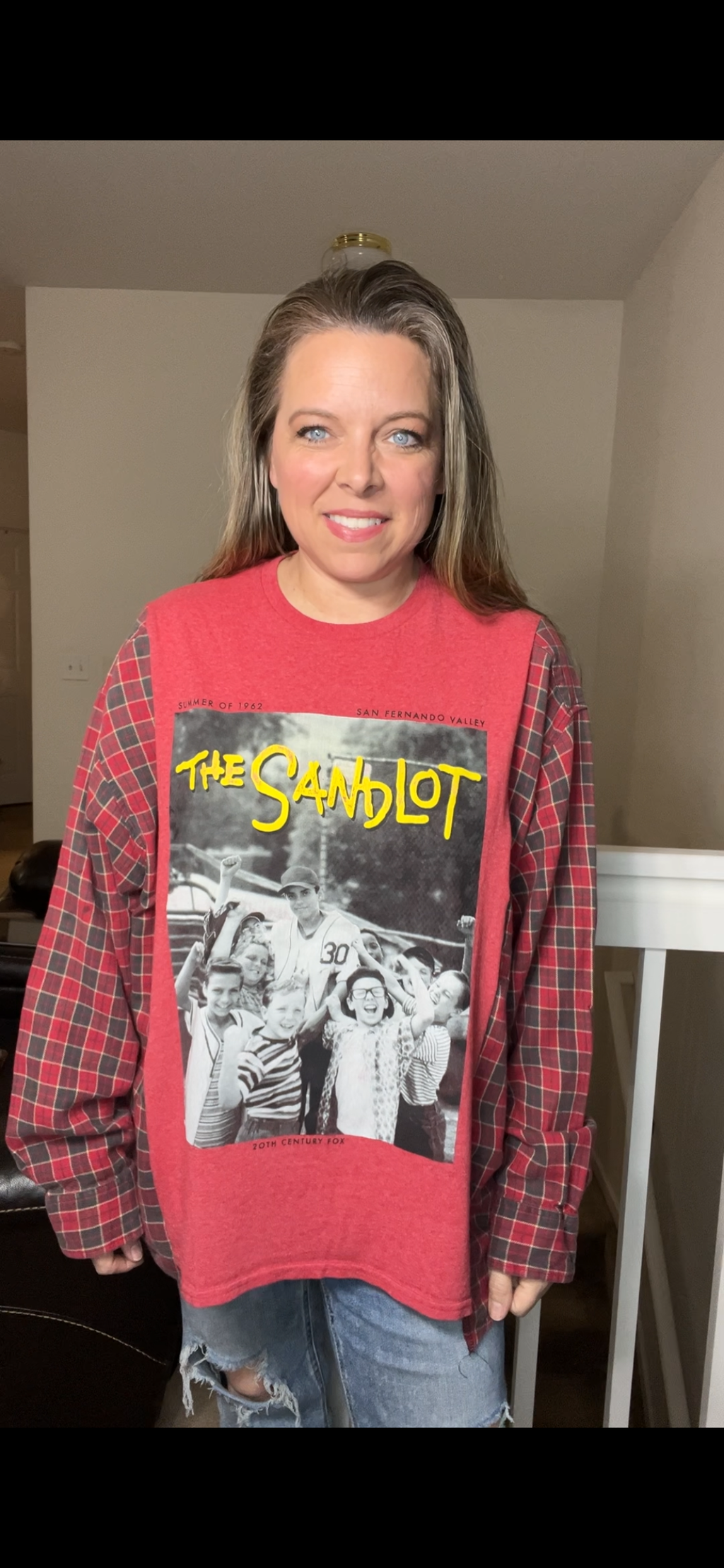 Upcycled Sandlot – women’s 1X T-shirt with flannel sleeves