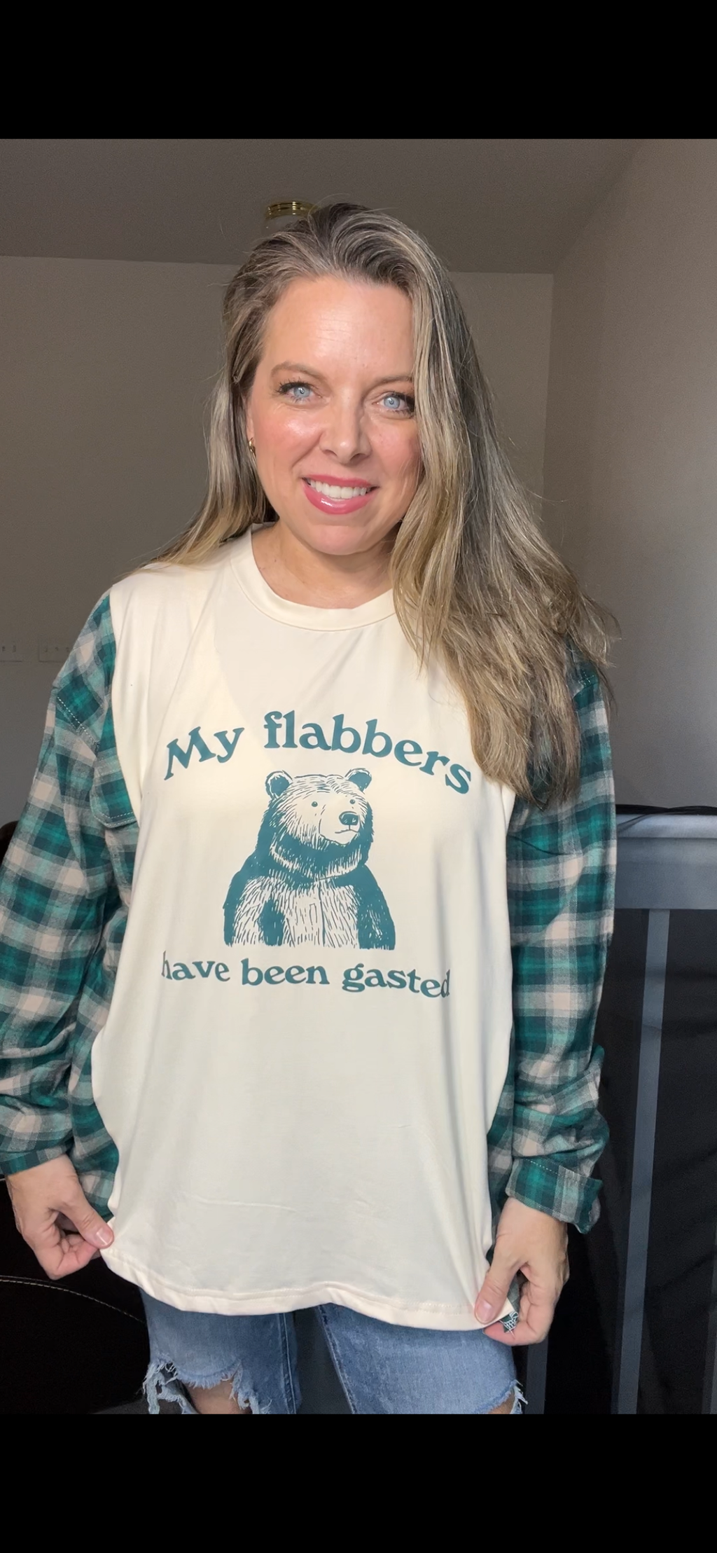 Upcycled Flabbergasted - women's 1X/2X T-shirt with flannel sleeves