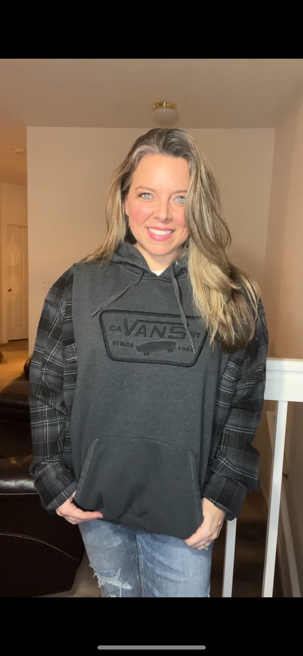 Upcycled Vans – women’s XL/1X – midweight sweatshirt with flannel sleeves￼