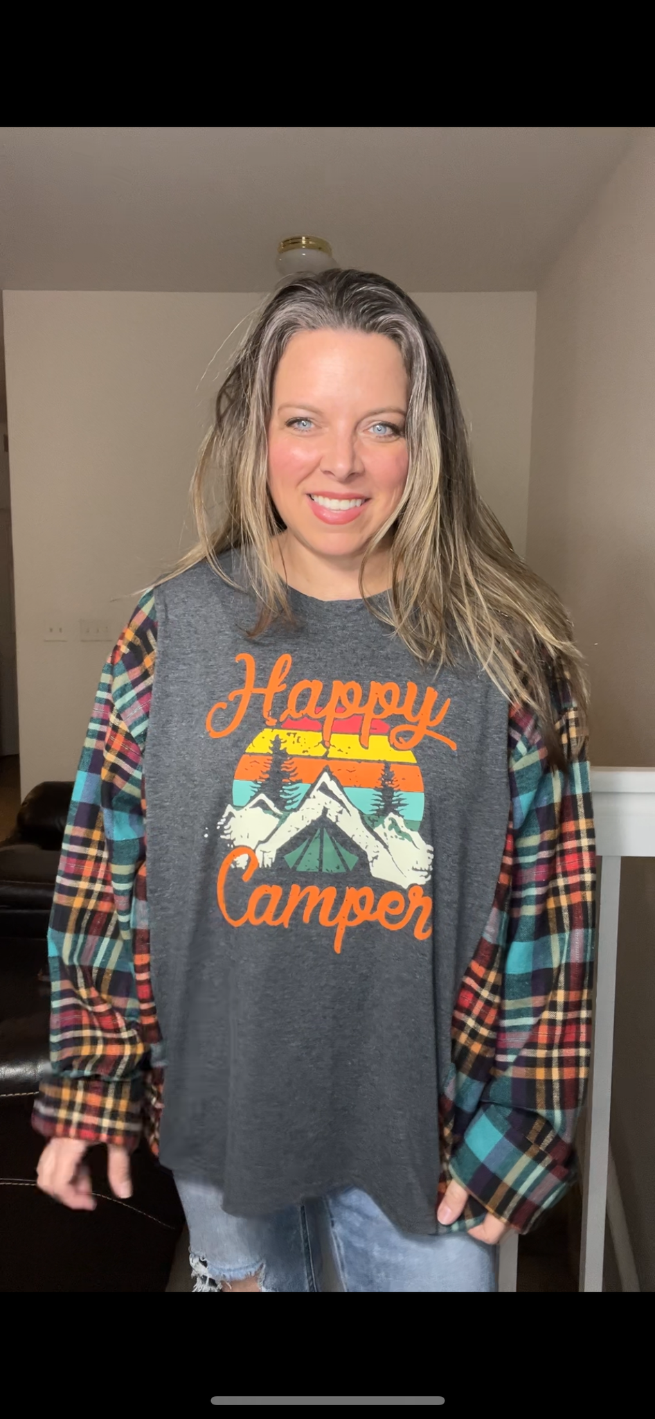 Upcycled Camper – women’s 4X T-shirt with flannel sleeves