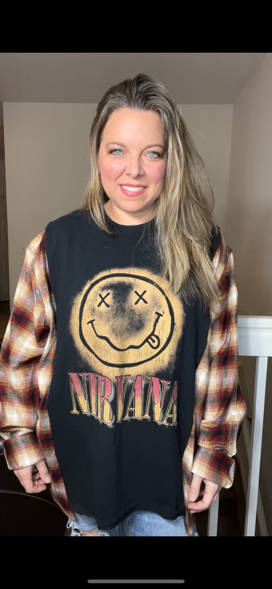 Upcycled Nirvana – women’s 2X long - T-shirt with flannel sleeves