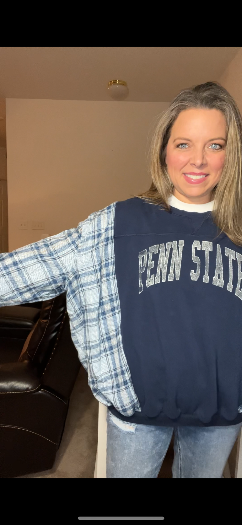Upcycled Penn State - Woman’s L/XL – midweight sweatshirt with flannel sleeves – larger neck opening￼