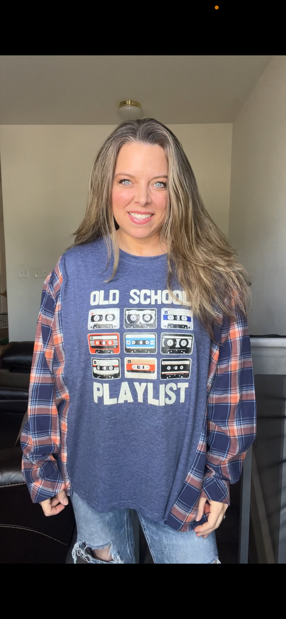 Upcycled Old School - women’s 2X/3X T-shirt, with thin flannel sleeves – words can be added to tapes