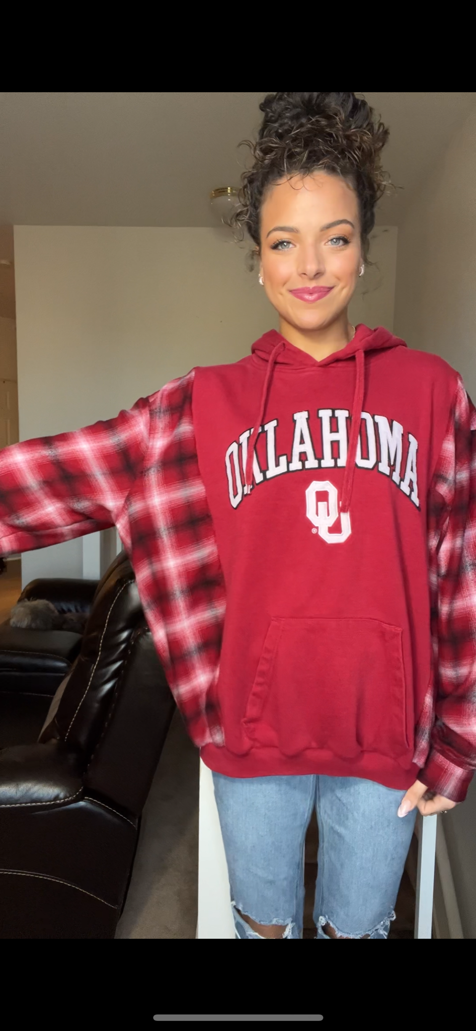 Upcycled Oklahoma – women’s 2X – midweight sweatshirt with flannel sleeves￼