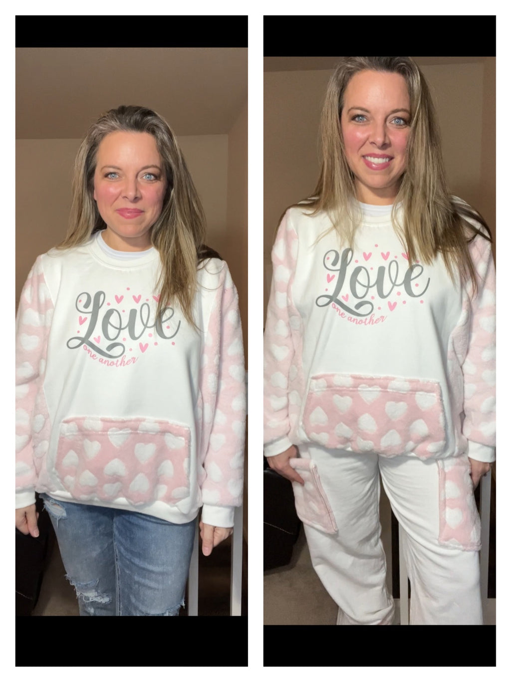 Upcycled Pink Love – women’s large – midweight sweatshirt with thick fleece sleeves￼ - optional pants￼