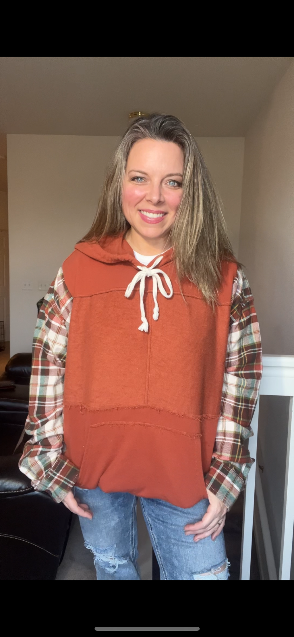 Upcycled Plain orange – women’s XL/1X – midweight sweatshirt with flannel sleeves￼