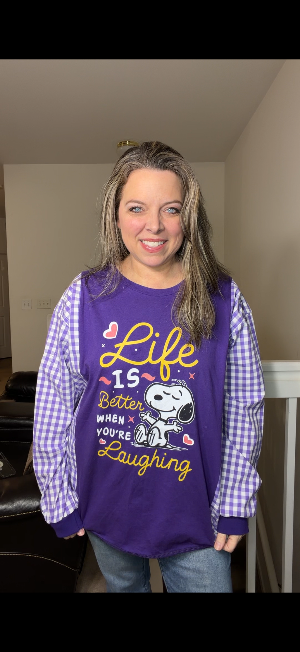 Upcycled Snoopy Laughing - women's 2X T-shirt with cotton sleeves