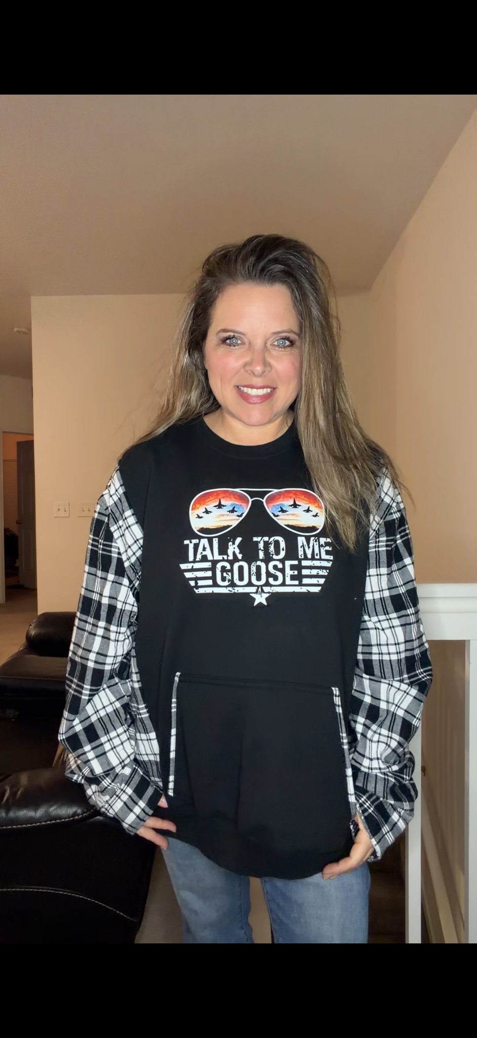 Upcycled Talk Goose - women's 3X midweight sweatshirt with flannel sleeves
