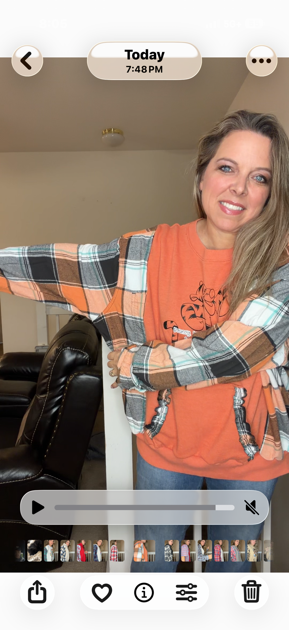 Upcycled Tigger - woman's 1X French Terry sweatshirt with flannel sleeves