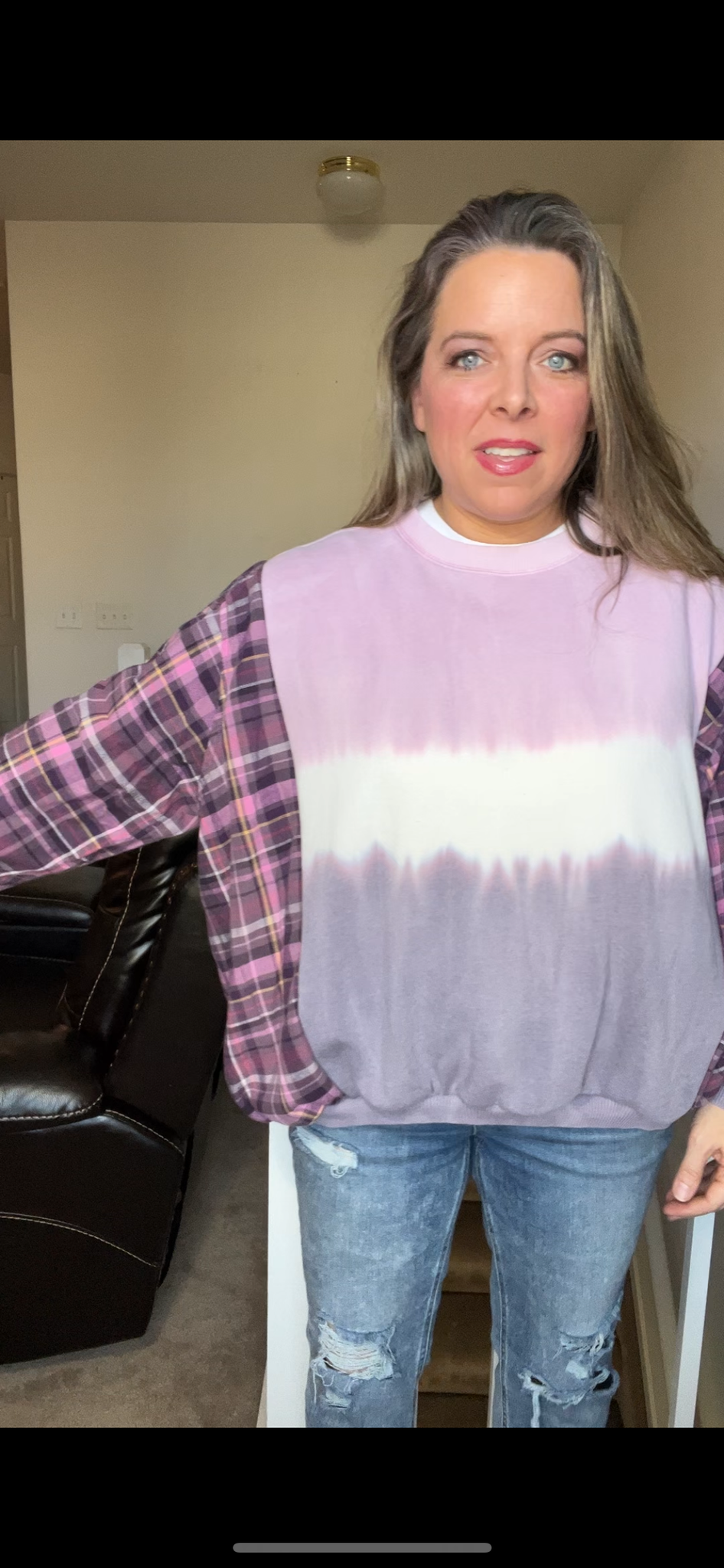 Upcycled Ombré - Women’s medium - midweight sweatshirt with flannel sleeves￼