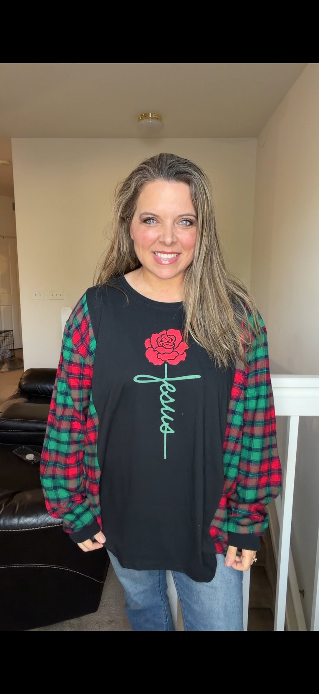 Upcycled Jesus Rose - women's XL/1X T-shirt with flannel sleeves
