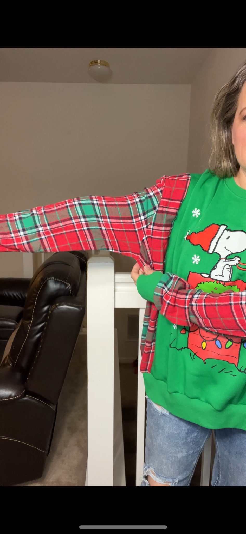 Upcycled Snoopy – women’s XL/1X – midweight sweatshirt with flannel sleeves - sleeves are slightly more fitted