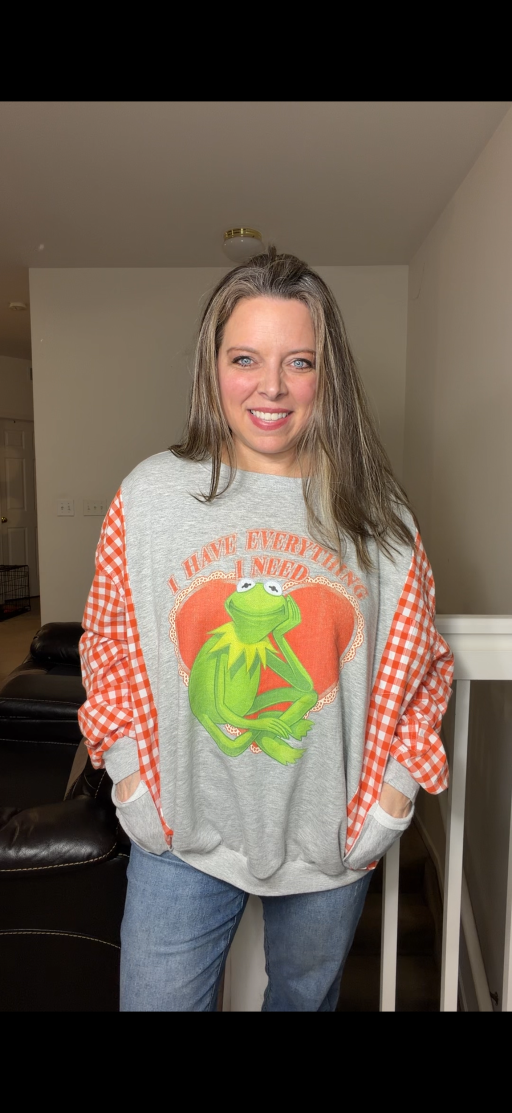 Upcycled Kermit - women's 2X/3X midweight sweatshirt with cotton sleeves