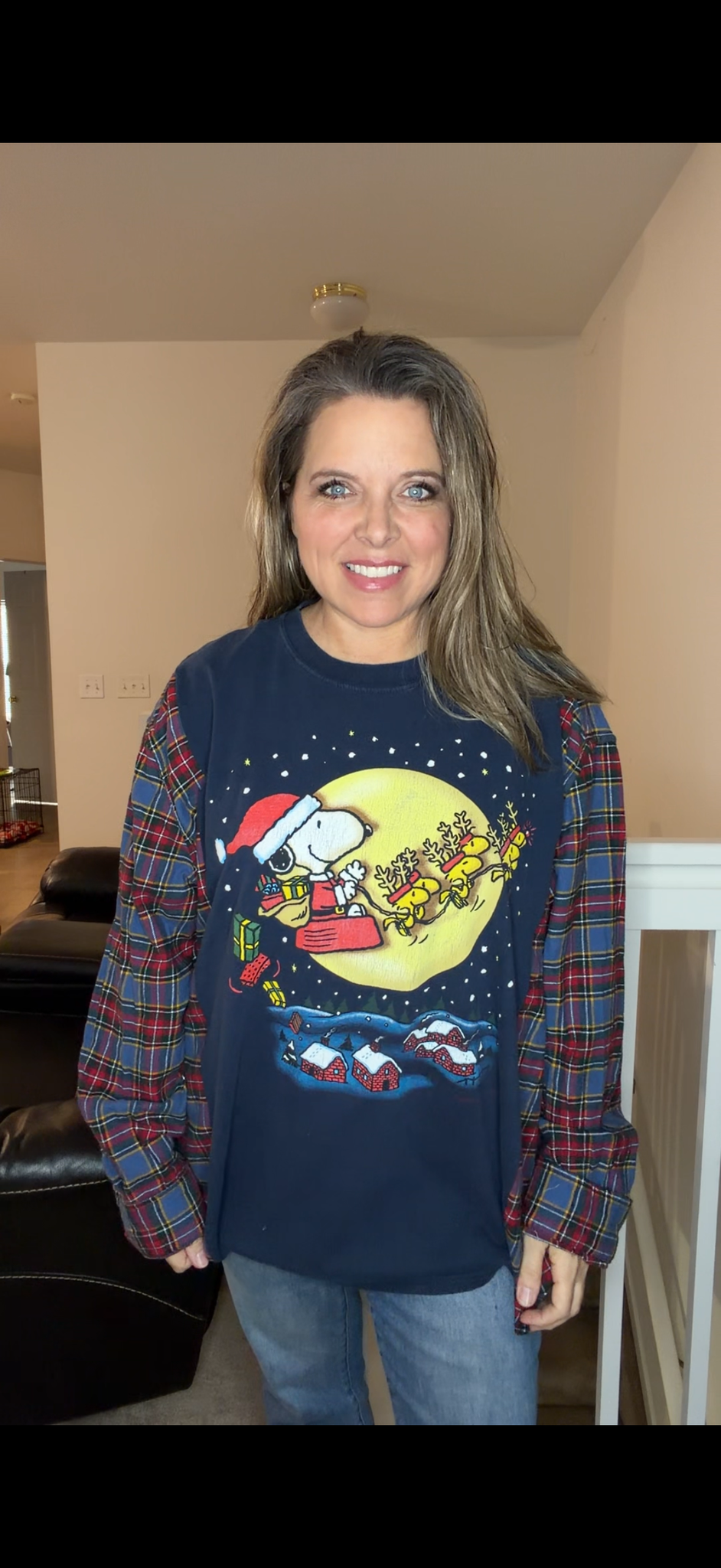 Upcycled Snoopy Christmas - women's 3X T-shirt with flannel sleeves