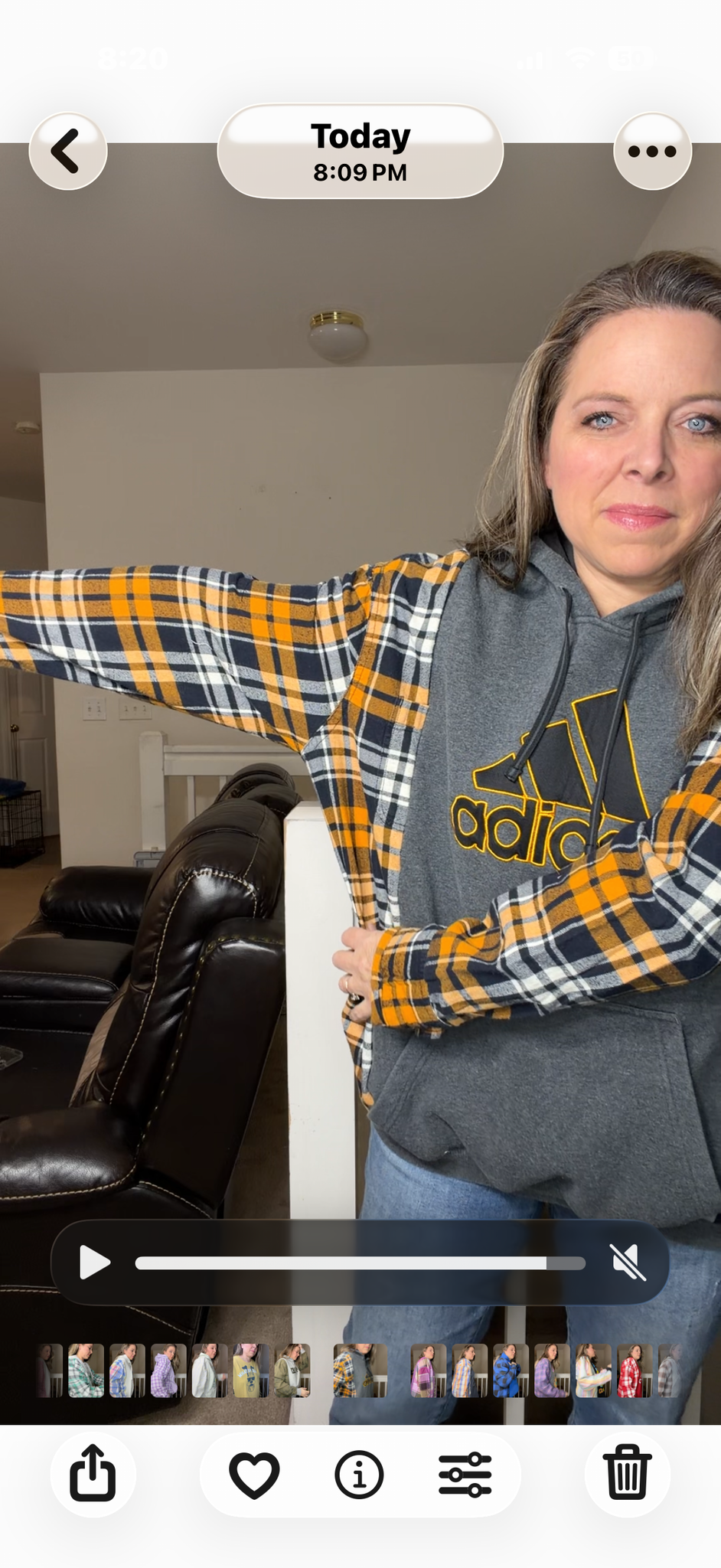 Upcycled Adidas Orange - women's XL midweight sweatshirt with flannel sleeves