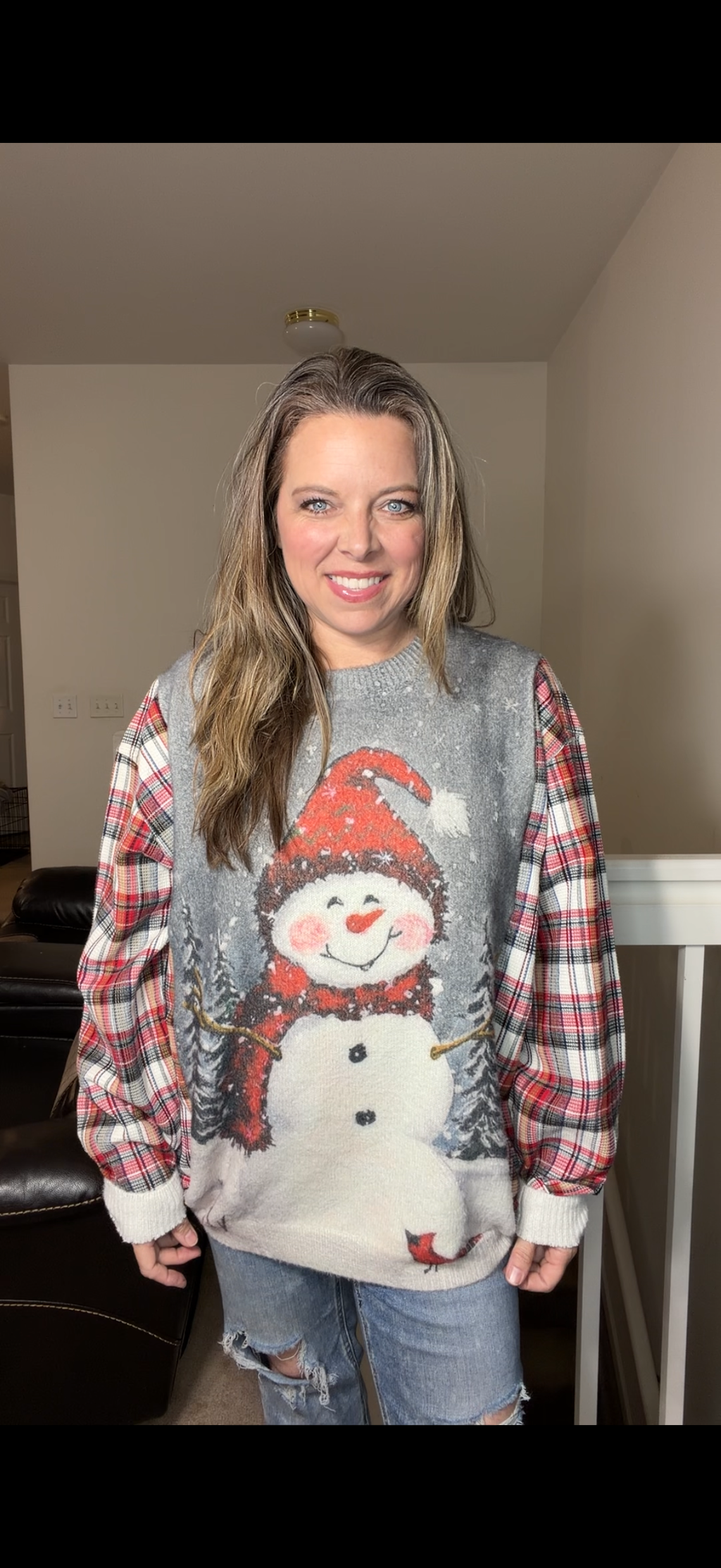 Upcycled Snowman - women’s 2X soft sweater with flannel sleeves