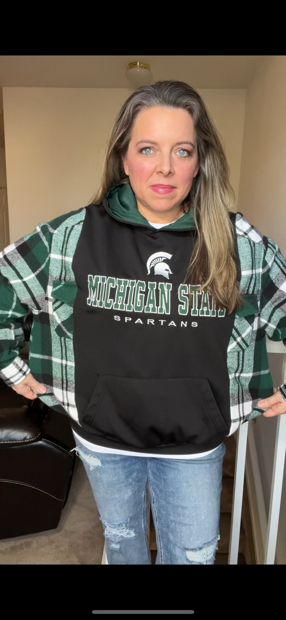 Upcycled MSU - women’s medium – midweight sweatshirt with flannel sleeves￼