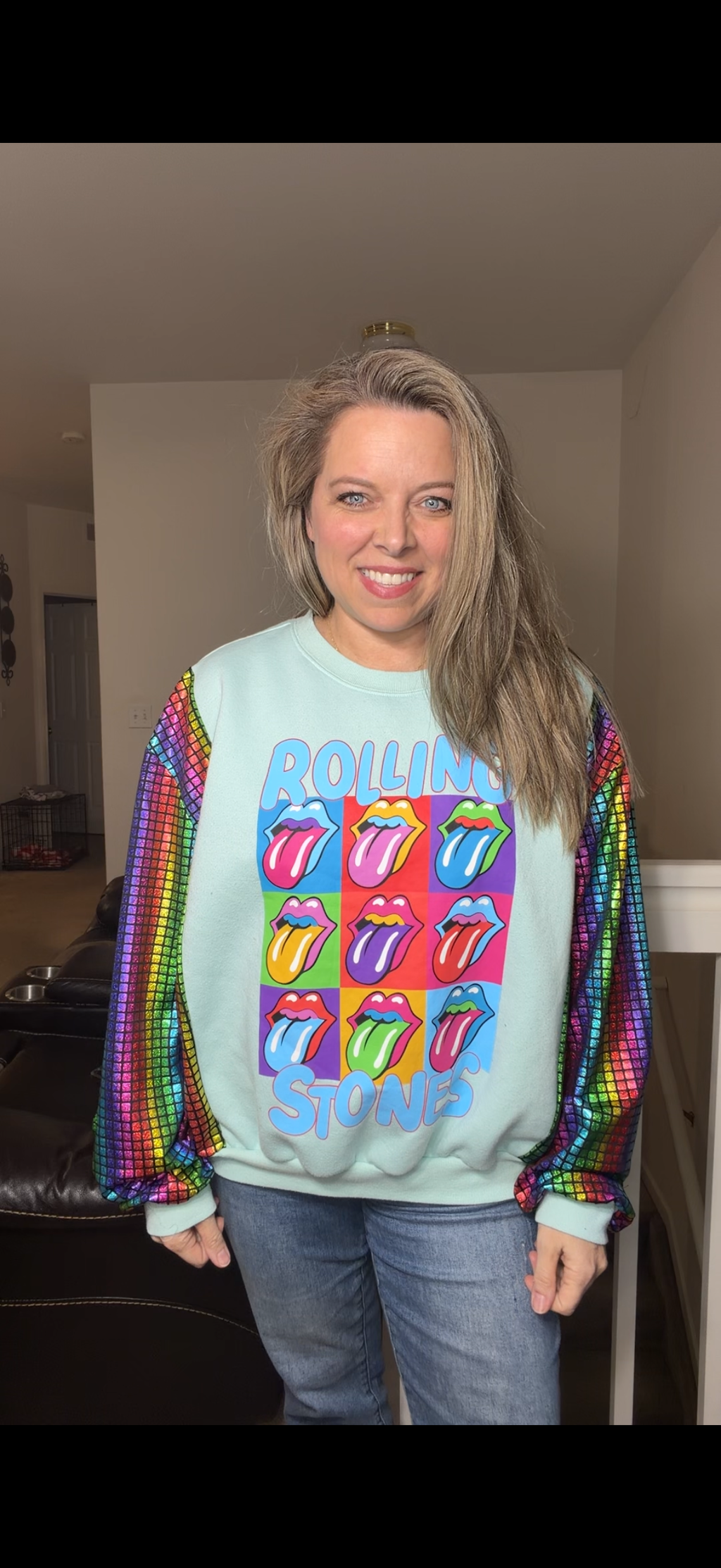 Upcycled Rolling Stones - women's medium midweight sweatshirt with stretchy sleeves